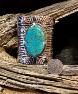 Large 3 inch cuff! Beautiful silver work with gorgeous Cripple Creek Turquoise stone