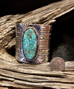 Two and half (2 1/2) inch heavy silver cuff with Cripple creek turquoise