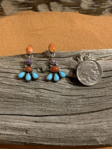 Multi-Colored Spiny Oyster, Charoite, Turquoise Earrings Set in Sterling Silver